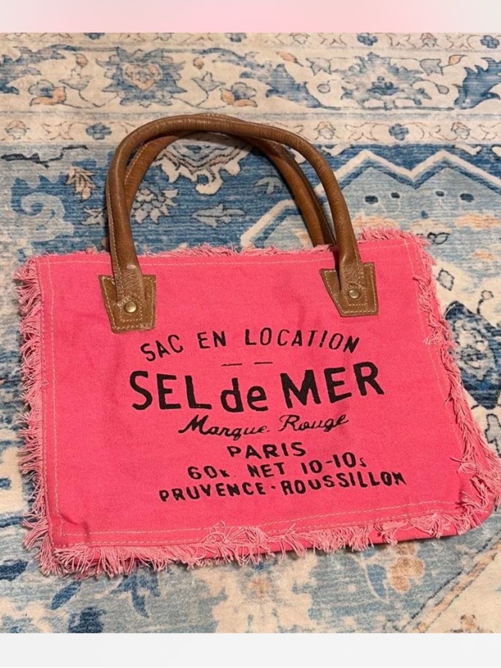 Pink Canvas Tote with Brown Handles